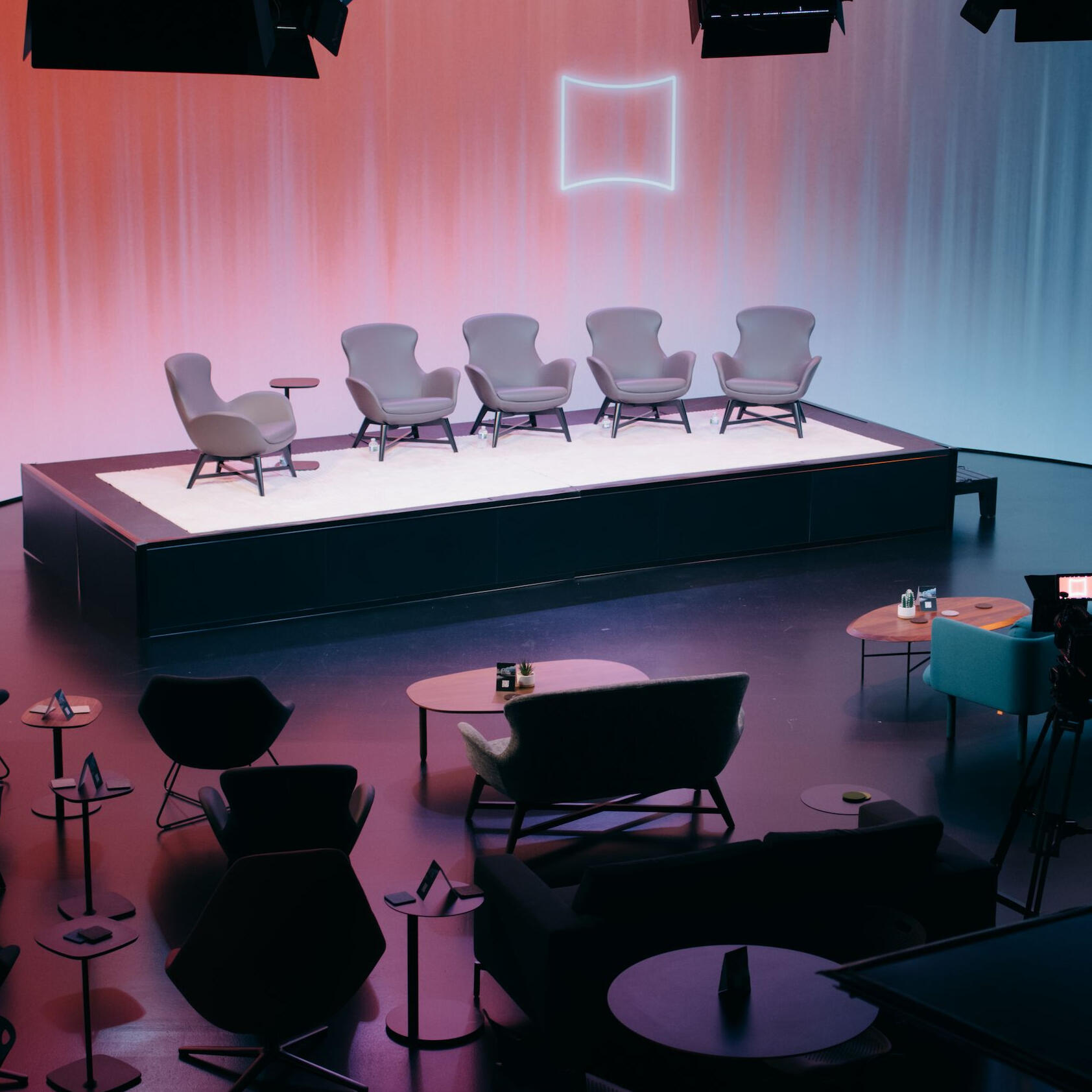 Events @ Forge Studio A at Forge Virtual Studios set up with a stage for a panel event